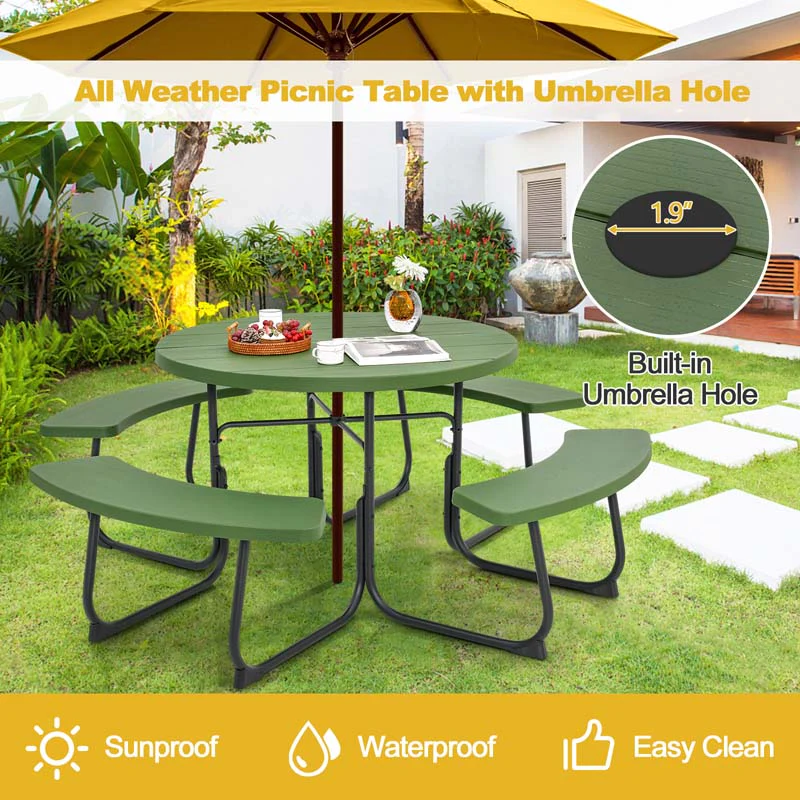 8 Person HDPE Outside Table & Bench Set, Outdoor Round Picnic Table with 4 Built-in Benches, Umbrella Hole, Metal Frame