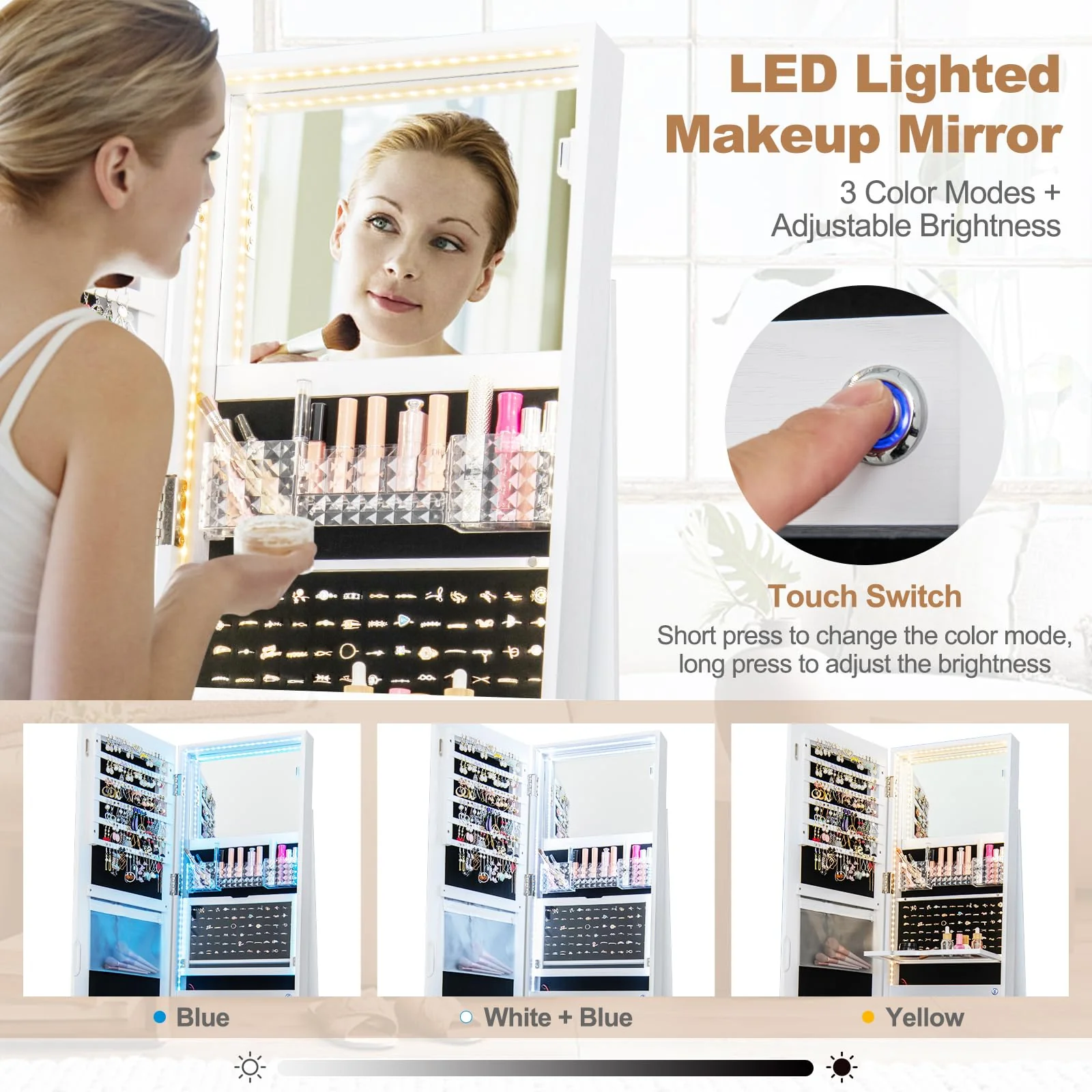 Giantex 160 cm Standing Jewelry Cabinet w/Adjustable LED Lights, 360�� Swivel Lockable Jewelry Armoire Organizer w/Full-Length Mirror