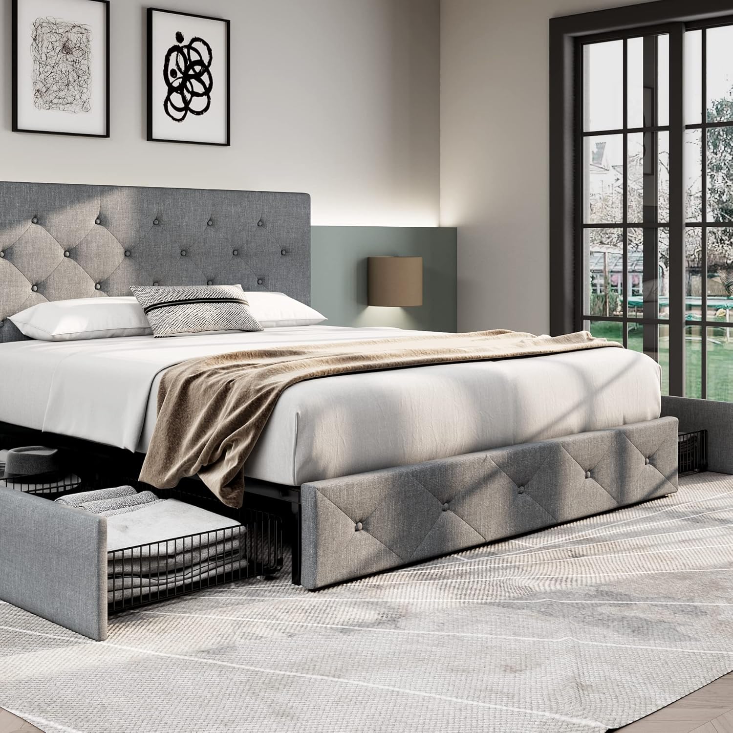 Allewie Upholstered Queen Size Platform Bed Frame with 4 Storage Drawers and Headboard, Square Stitched Button Tufted, Mattress Foundation with Wooden Slats Support, No Box Spring Needed, Light Grey