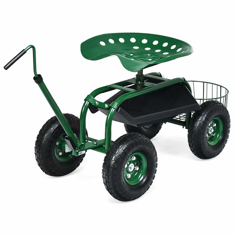 4-Wheel Garden Cart Workseat with Storage Basket & Tool Tray, Heavy Duty Patio Wagon Scooter for Planting