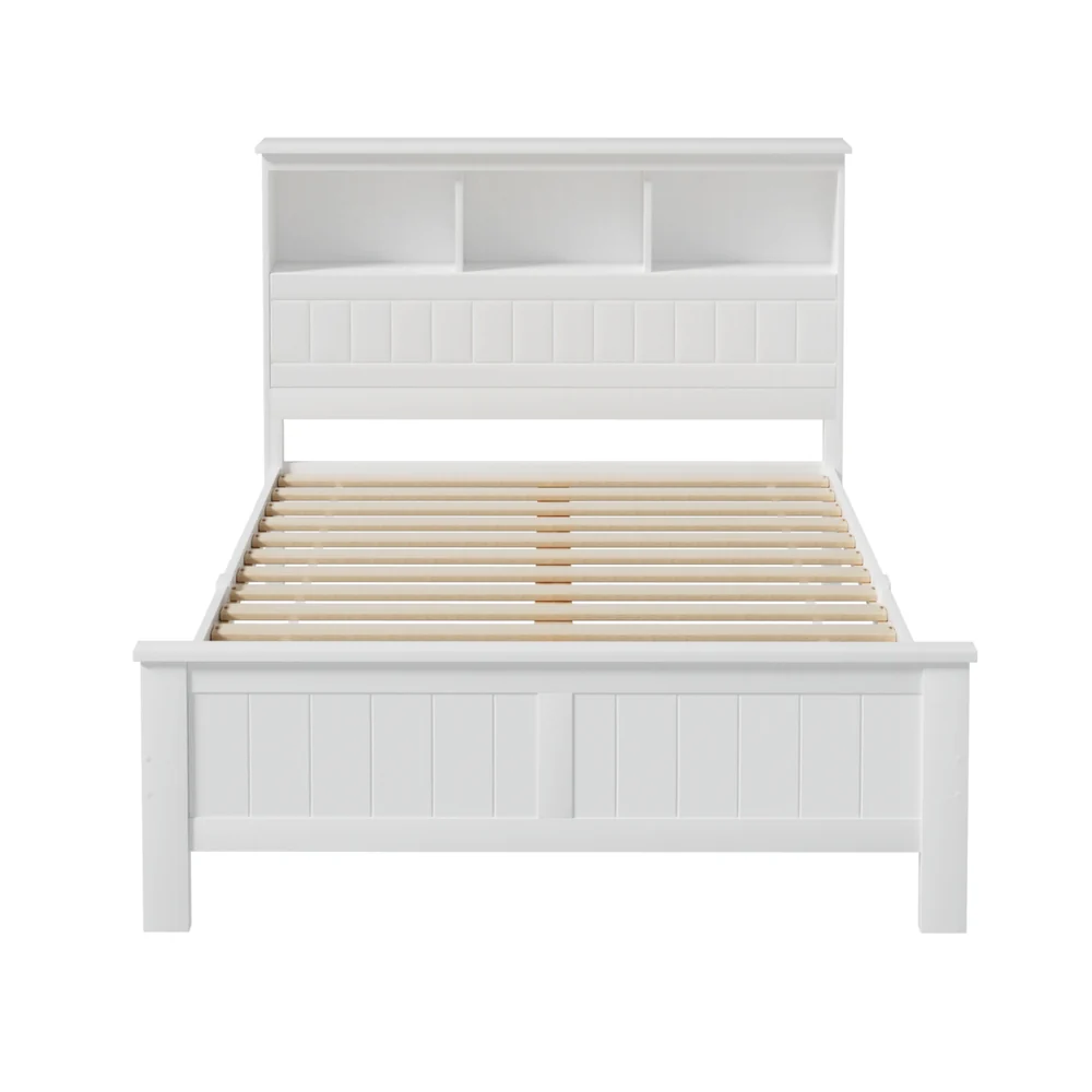Artiss Bed Frame Double Size Wooden with 3 Shelves Bed Head White