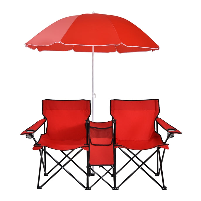 Double Folding Picnic Chairs Umbrella Mini Table Beverage Holder Carrying Bag