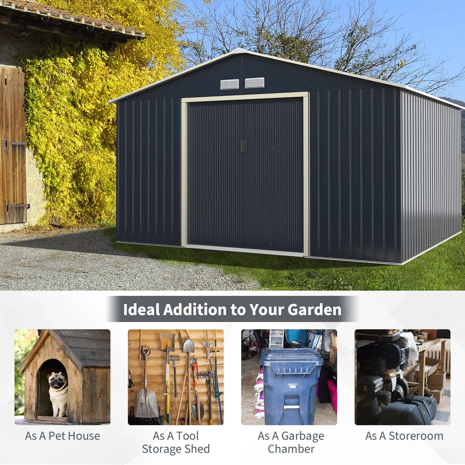 Storage Shed, Metal Outdoor Building Organizer