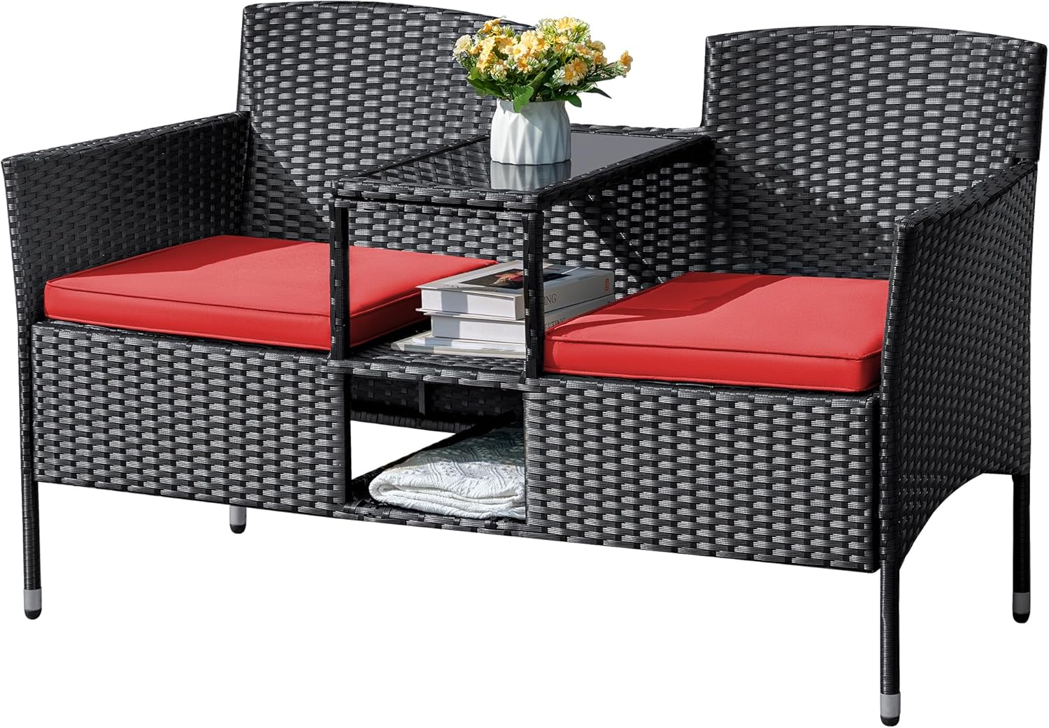 Outdoor Furniture Patio Loveseat Wicker 2-Seat with Built-in Table and Cushions Rattan Porch Chairs Bench for Balcony, Lawn, Backyard (Beige)