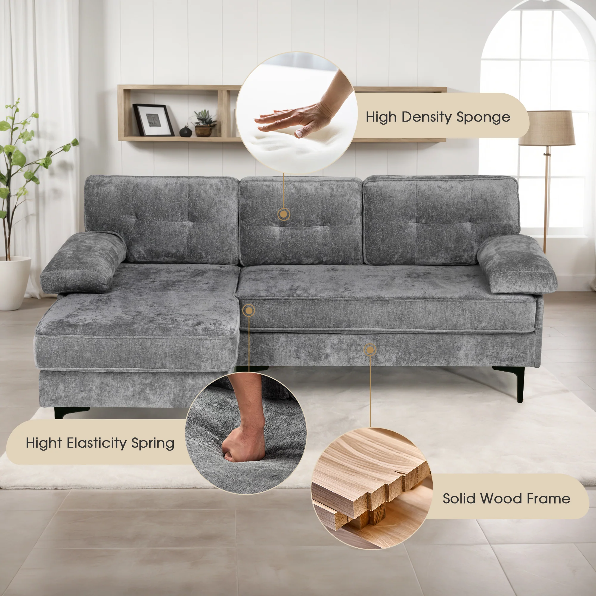 Sofa 3 Seaters Sofa L Shape Grey