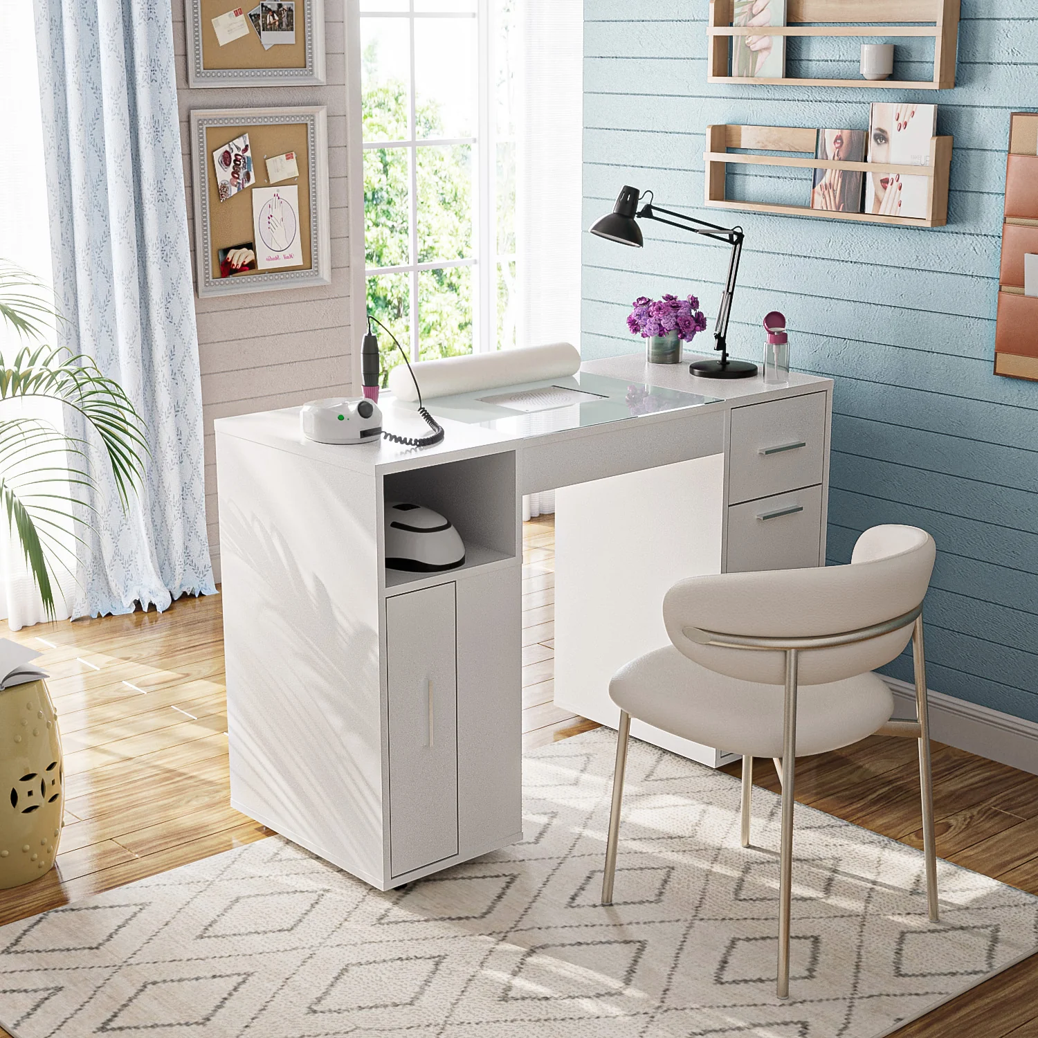 Manicure Table with Glass Top White