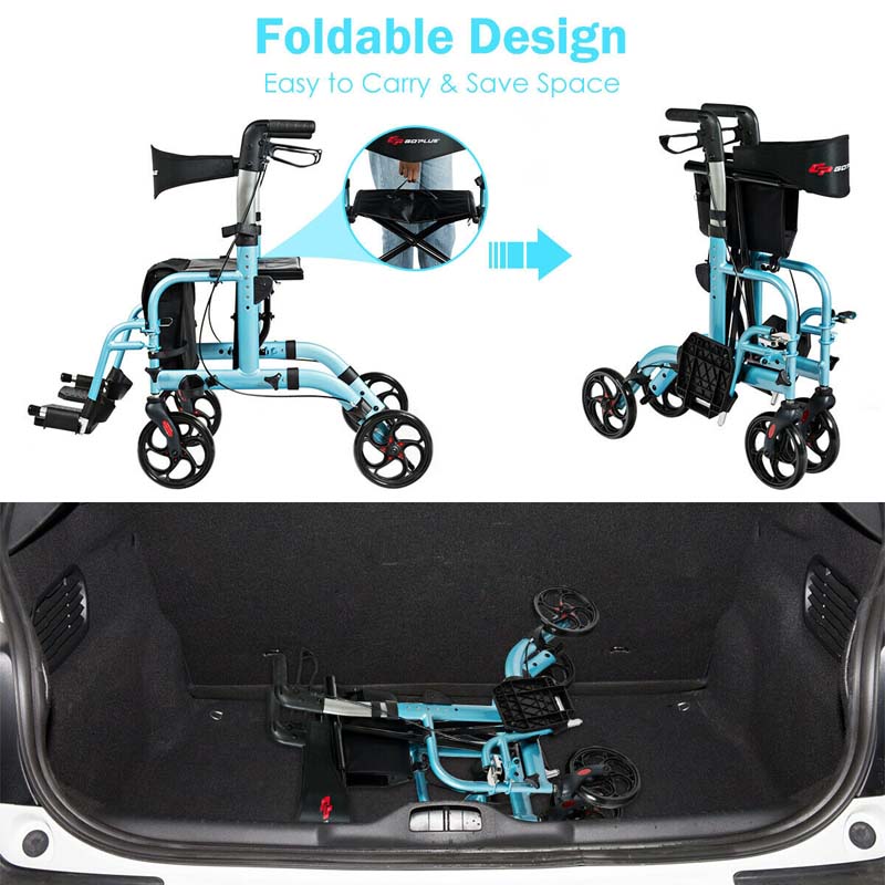 2 in 1 Rollator Walker Wheelchair Folding Medical Walker, Aluminum Transport Chair Mobility Walking Aid