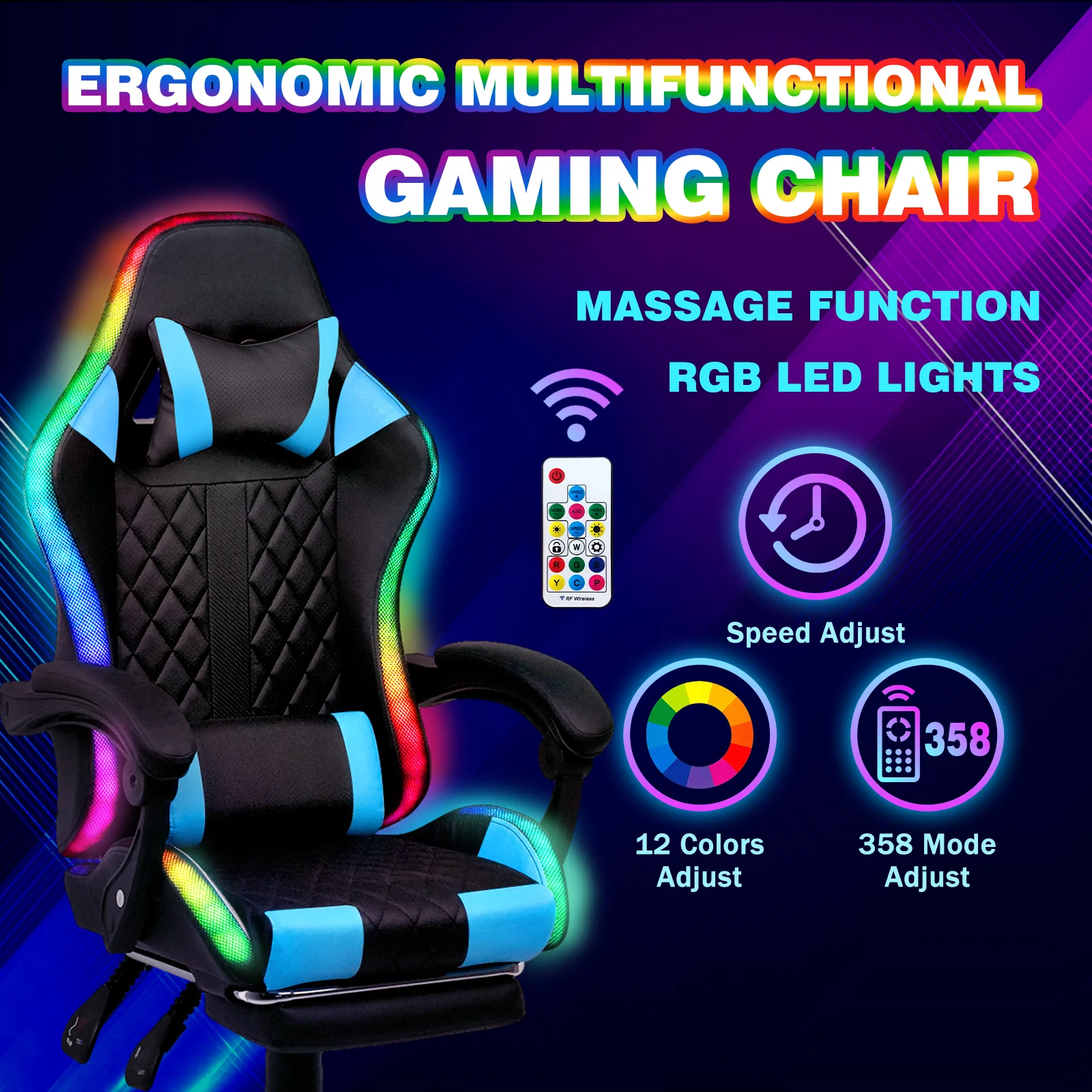 Gaming Chair 12 RGB LED Massage Chair Blue
