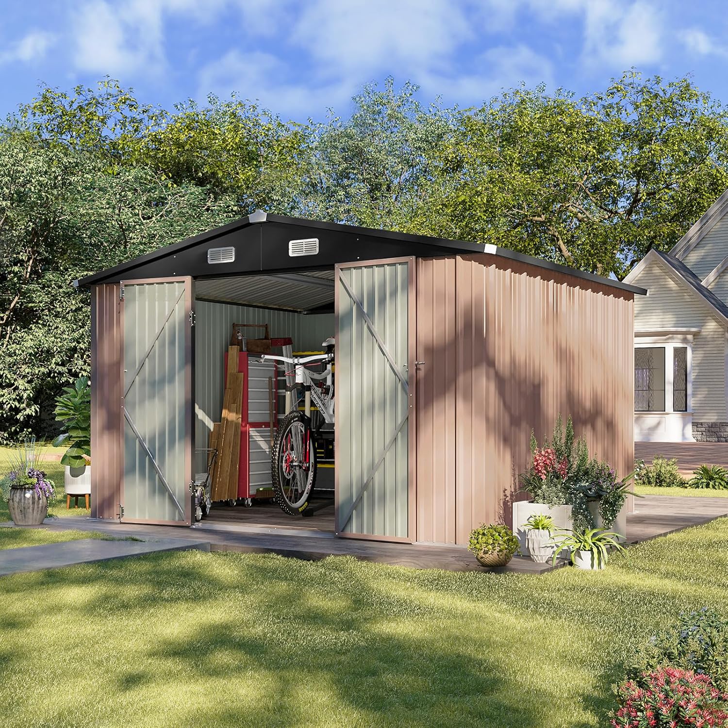 6.2x4 FT Shed Outdoor Storage Shed Metal Garden Shed with Lockable Doors & Slooping Roof Tool Shed Bike Shed for Backyard, Patio, Poolside (Brown)