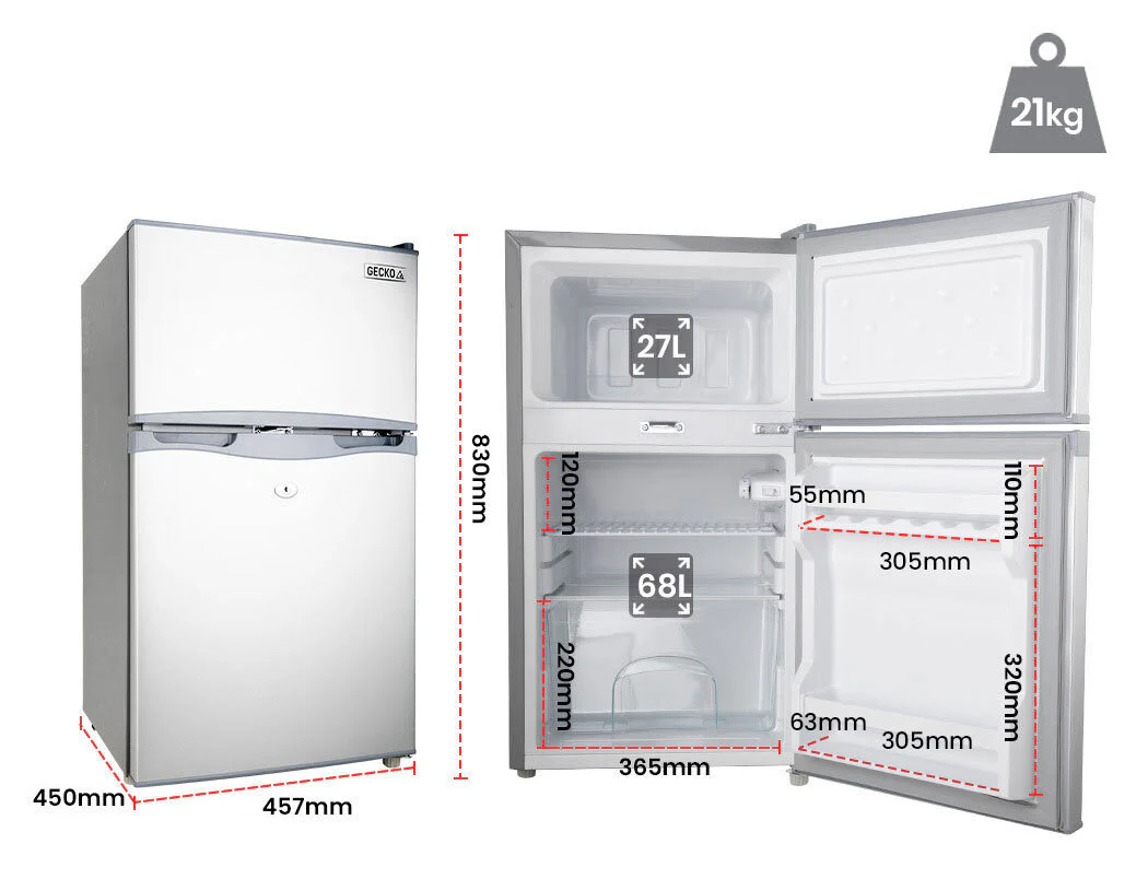 GECKO 95L Portable Upright Fridge, 12V/24V for Motorhome, Caravan, Silver