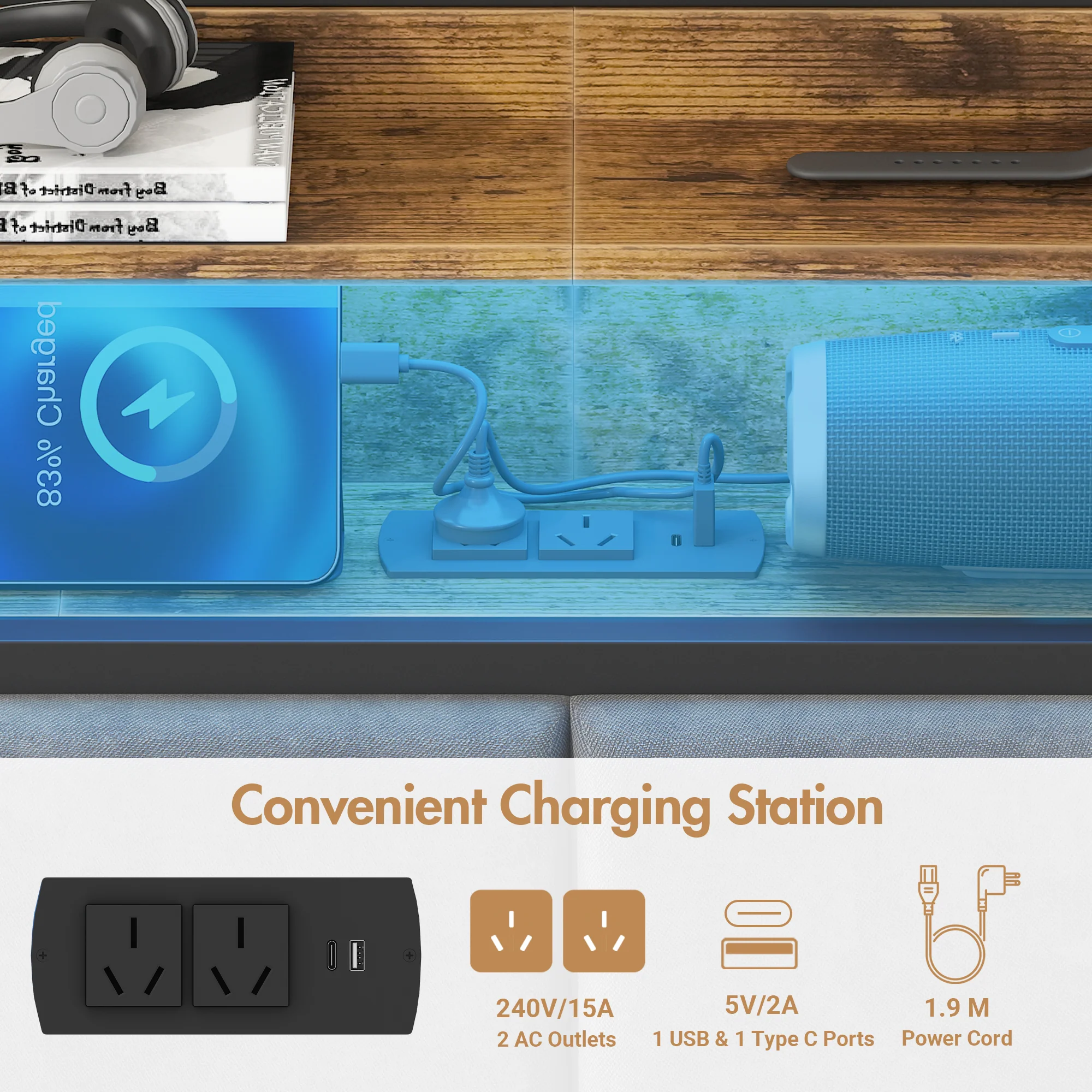 Storage Headboard Upholstered with Charging Station