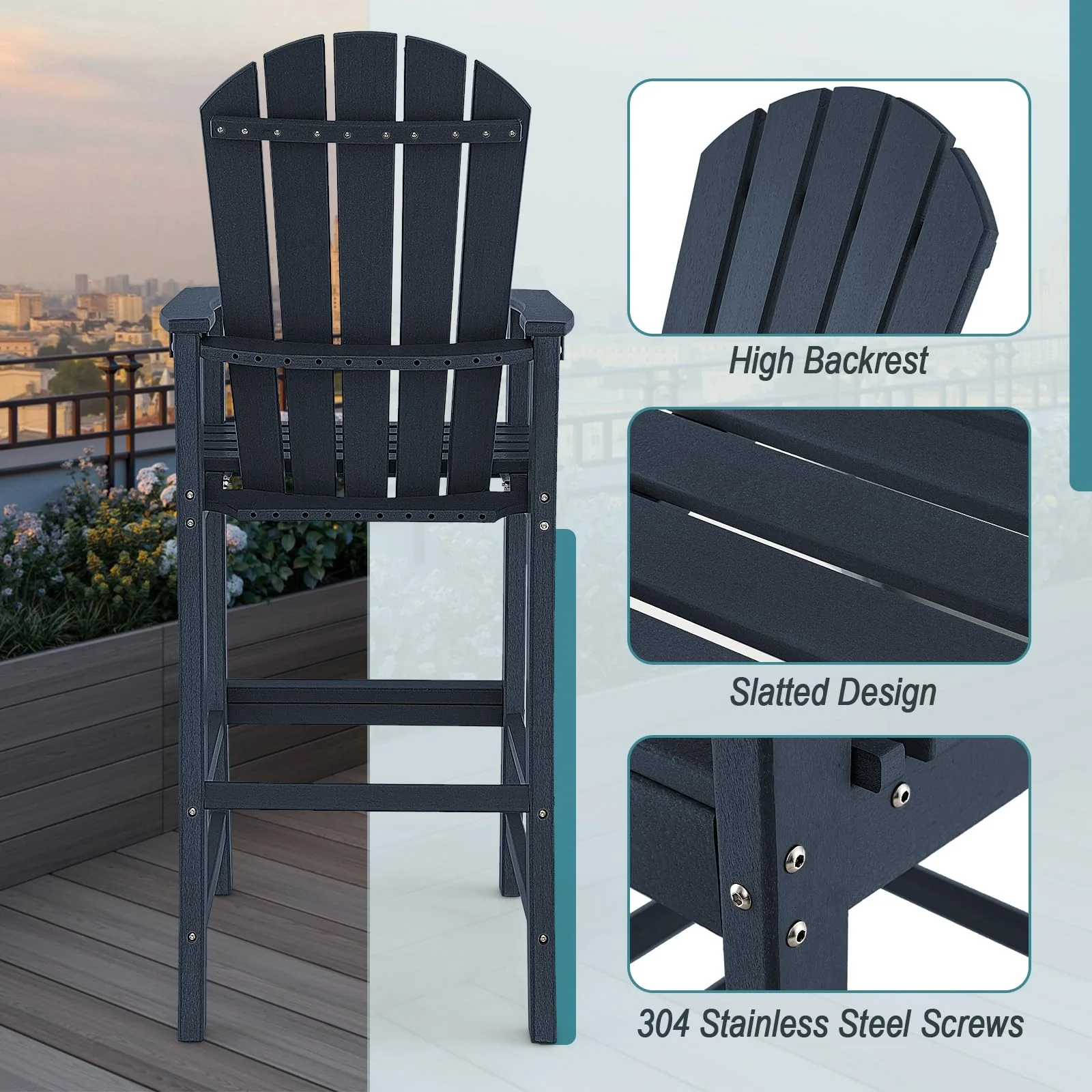 Outdoor HDPE Tall Adirondack Chairs with Armrests & Footrest, 30
