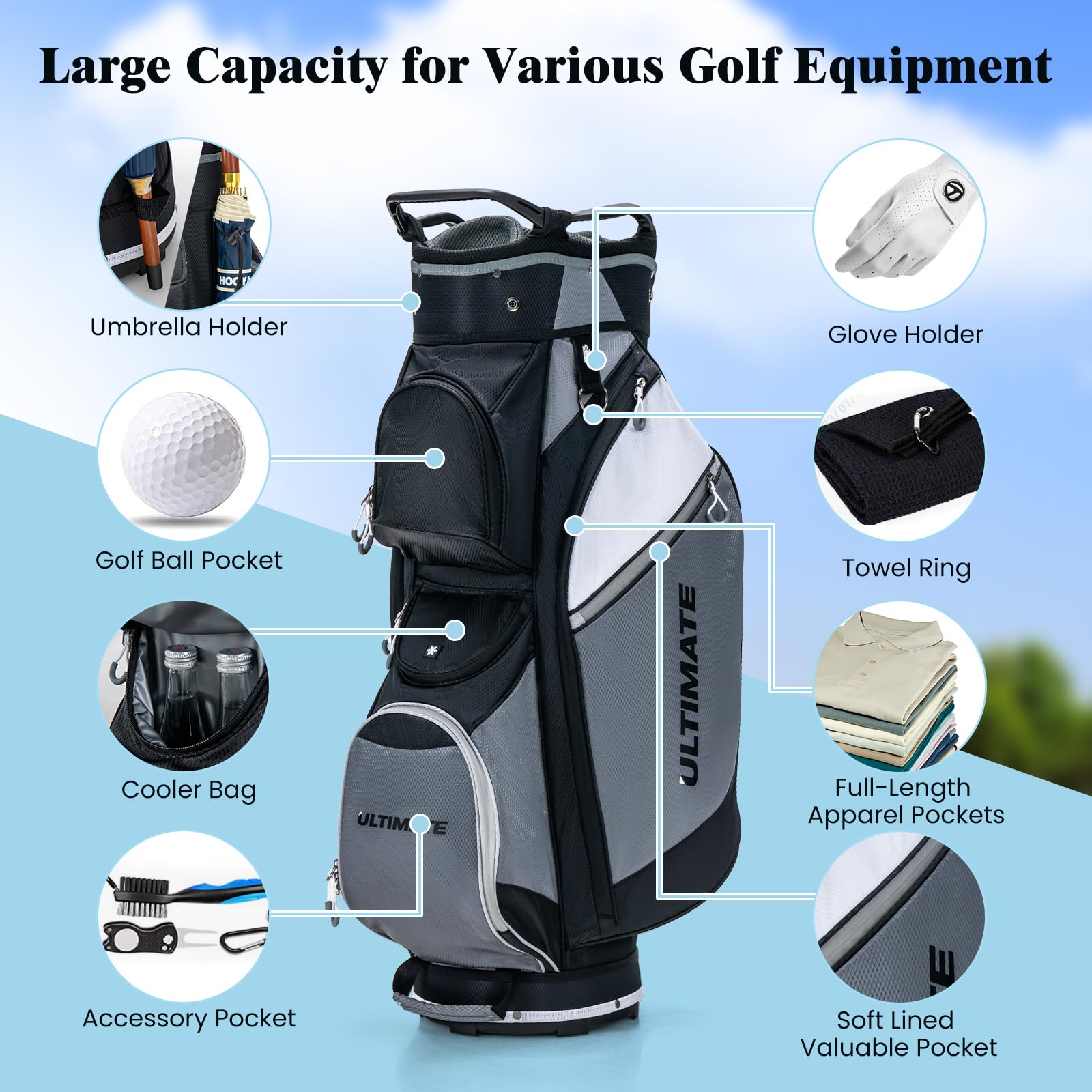 Golf Cart Bag with 14-Way Top Dividers, Golf Club Bag with 7 Zippered Pockets Including Cooler Bag