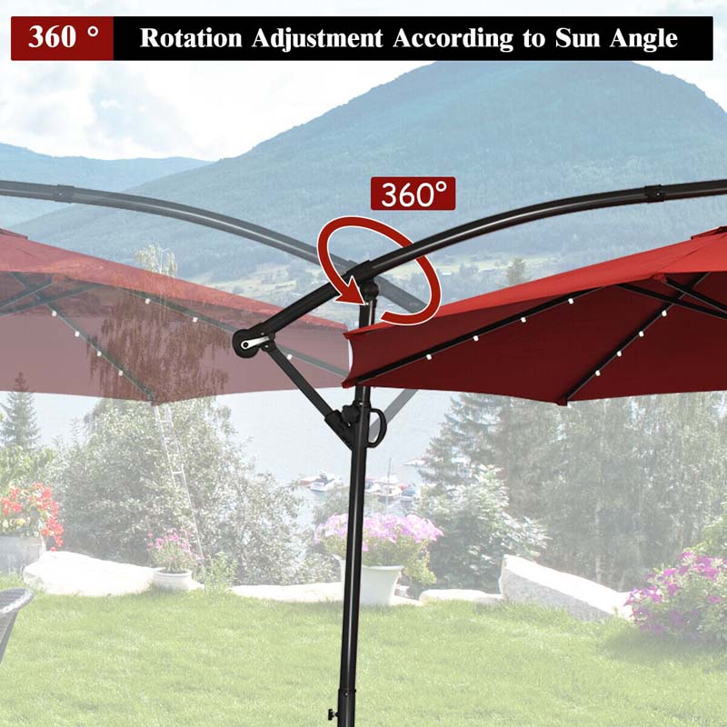 10 FT Patio Offset Umbrella with Solar Lights 360�� Rotation Outdoor Market Umbrella with Crank Handle & Cross Base