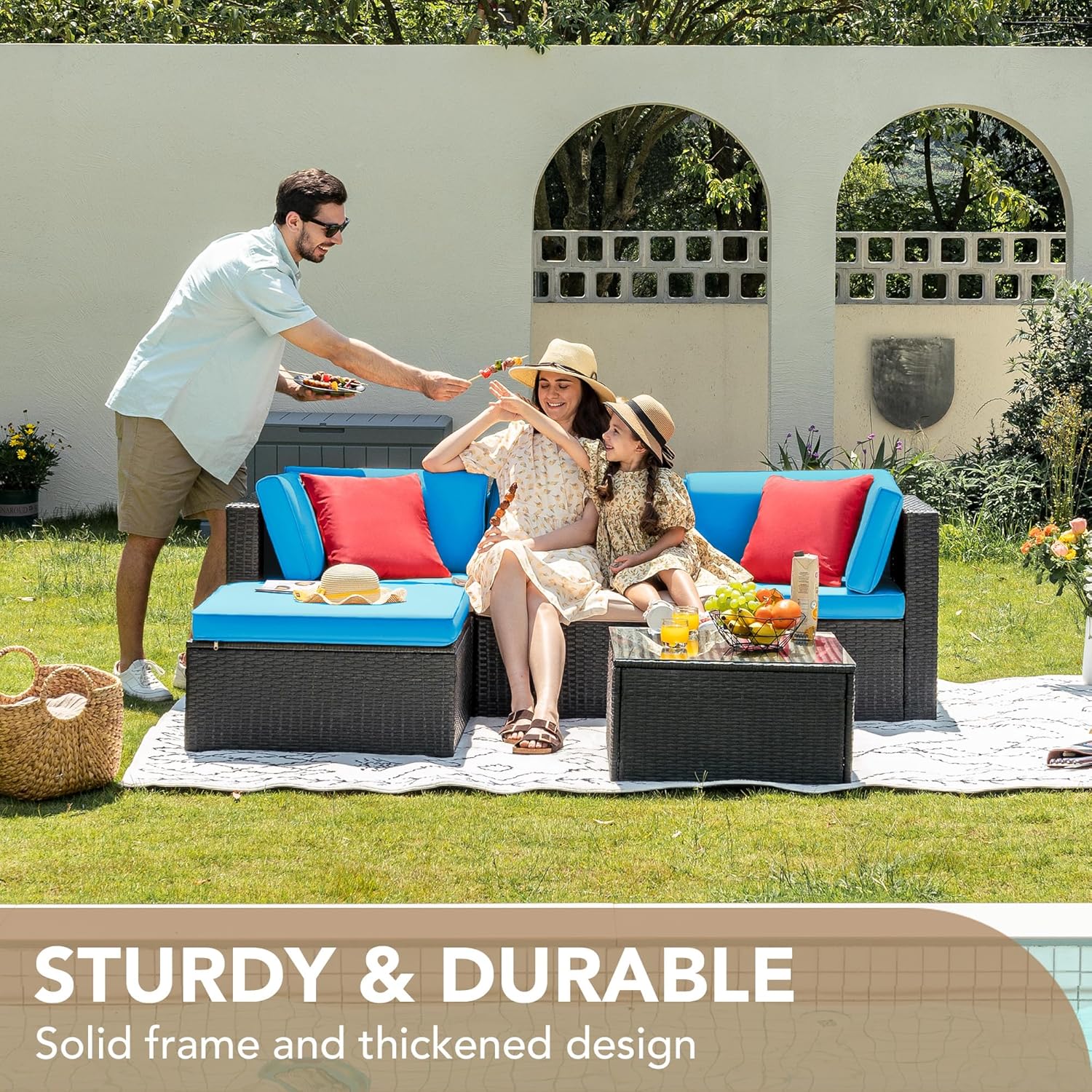 Devoko 5 Pieces Patio Furniture Sets All Weather Outdoor Sectional Patio Sofa Manual Weaving Wicker Rattan Patio Seating Sofas with Cushion and Glass Table(Beige)