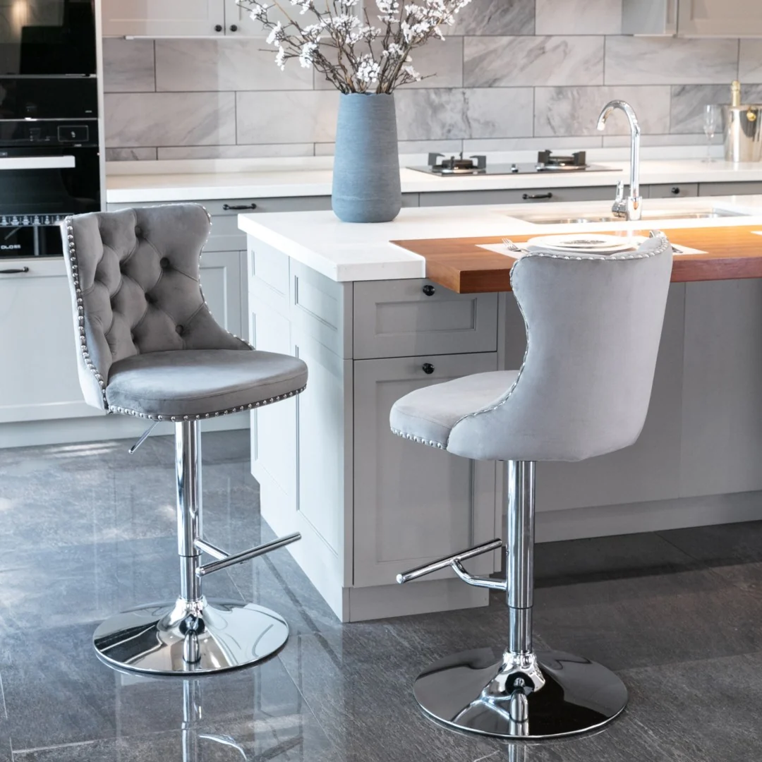 4x Height Adjustable Swivel Bar Stool Velvet Stud Barstool with Footrest and Chromed Base- Gray