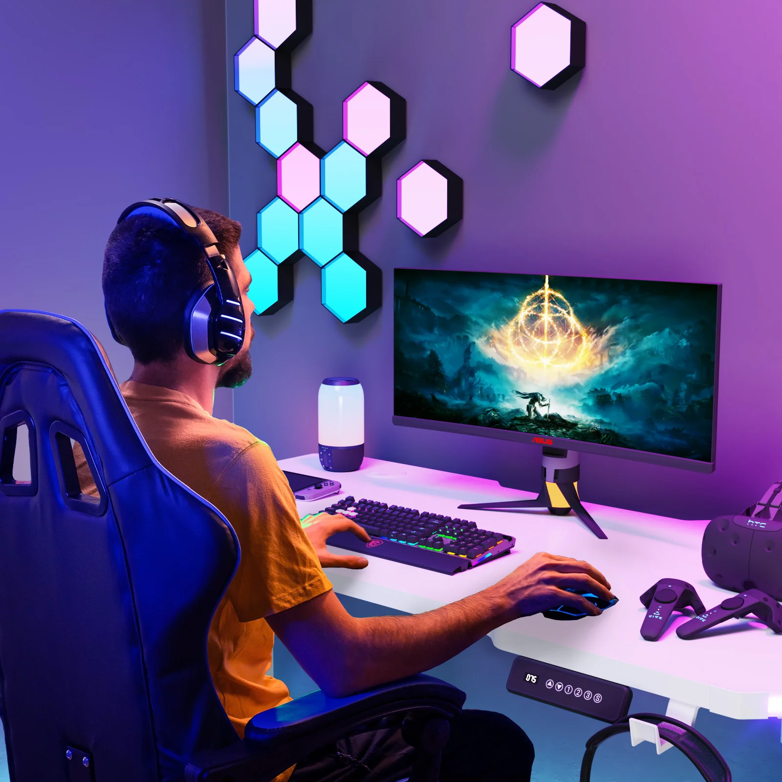 Electric Standing Gaming Desk RGB LED White