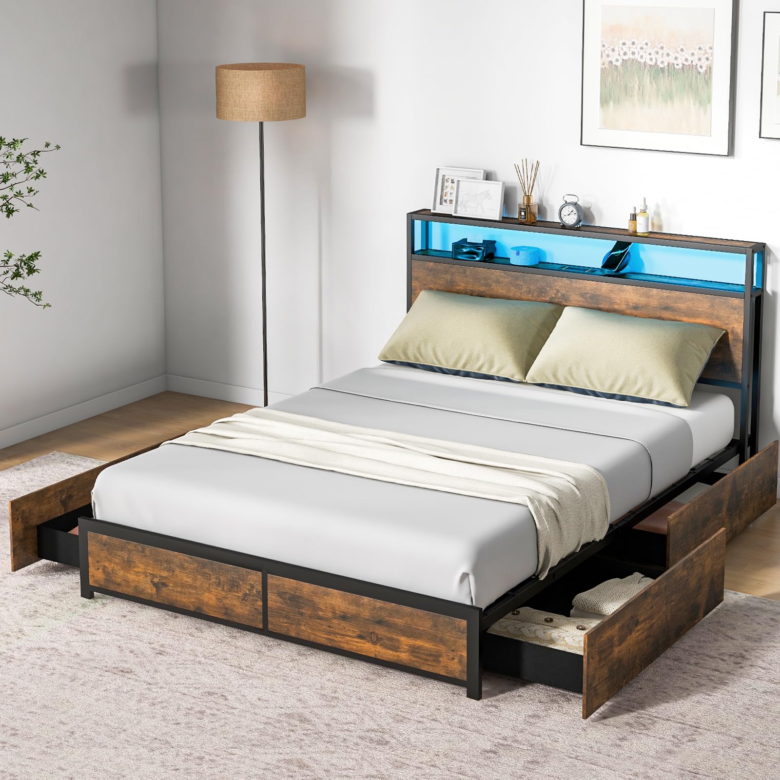 Giantex Queen Bed Frame with Smart LED Lights, Metal Platform Bed with Storage Headboard