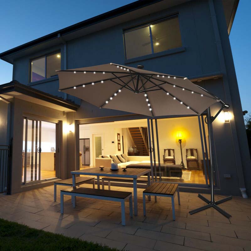 10 FT Patio Offset Umbrella with Solar Lights 360�� Rotation Outdoor Market Umbrella with Crank Handle & Cross Base