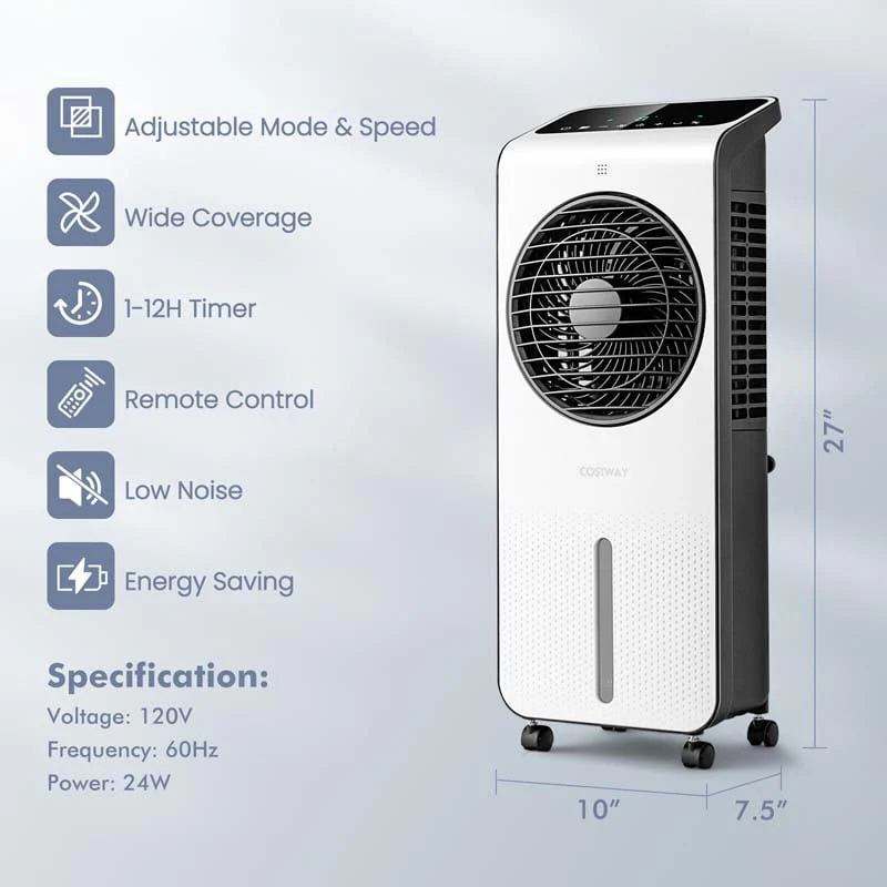 Portable Evaporative Air Cooler, 3-in-1 Swamp Cooler with Fan & Humidifier, 360�� Rotating Fan Blade, 12H Timer