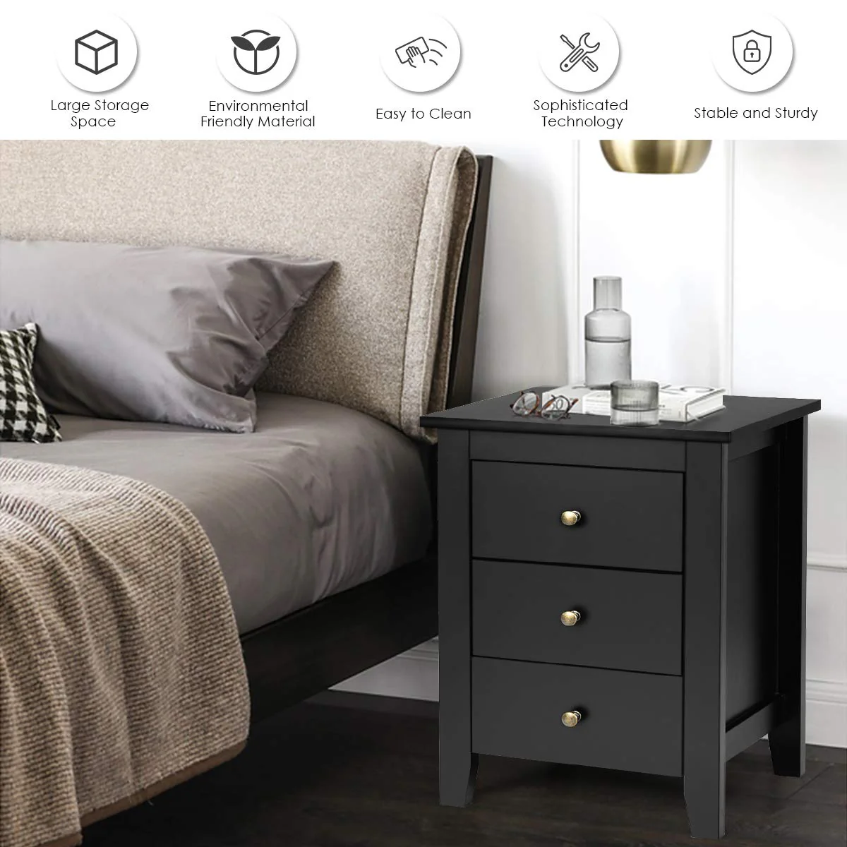 Giantex 2Pcs Bedside Table, Nightstand w/ 3 Drawers & Solid Wood Legs