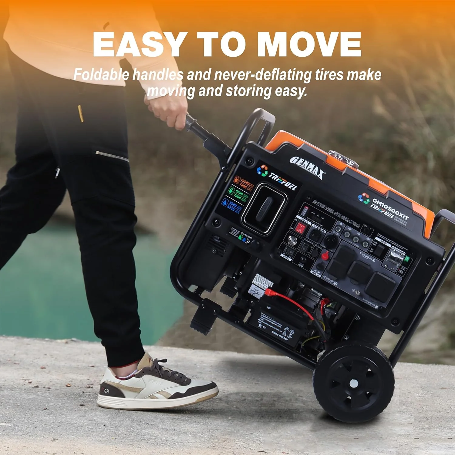 GENMAX 10500 Peak Watt Tri Fuel Open Frame Inverter Generator,with ATS,Quiet Technology,CO Sensor,digital display and 50A,Ideal for Home backup,contruction site and RV Camping (GM10500XiT)