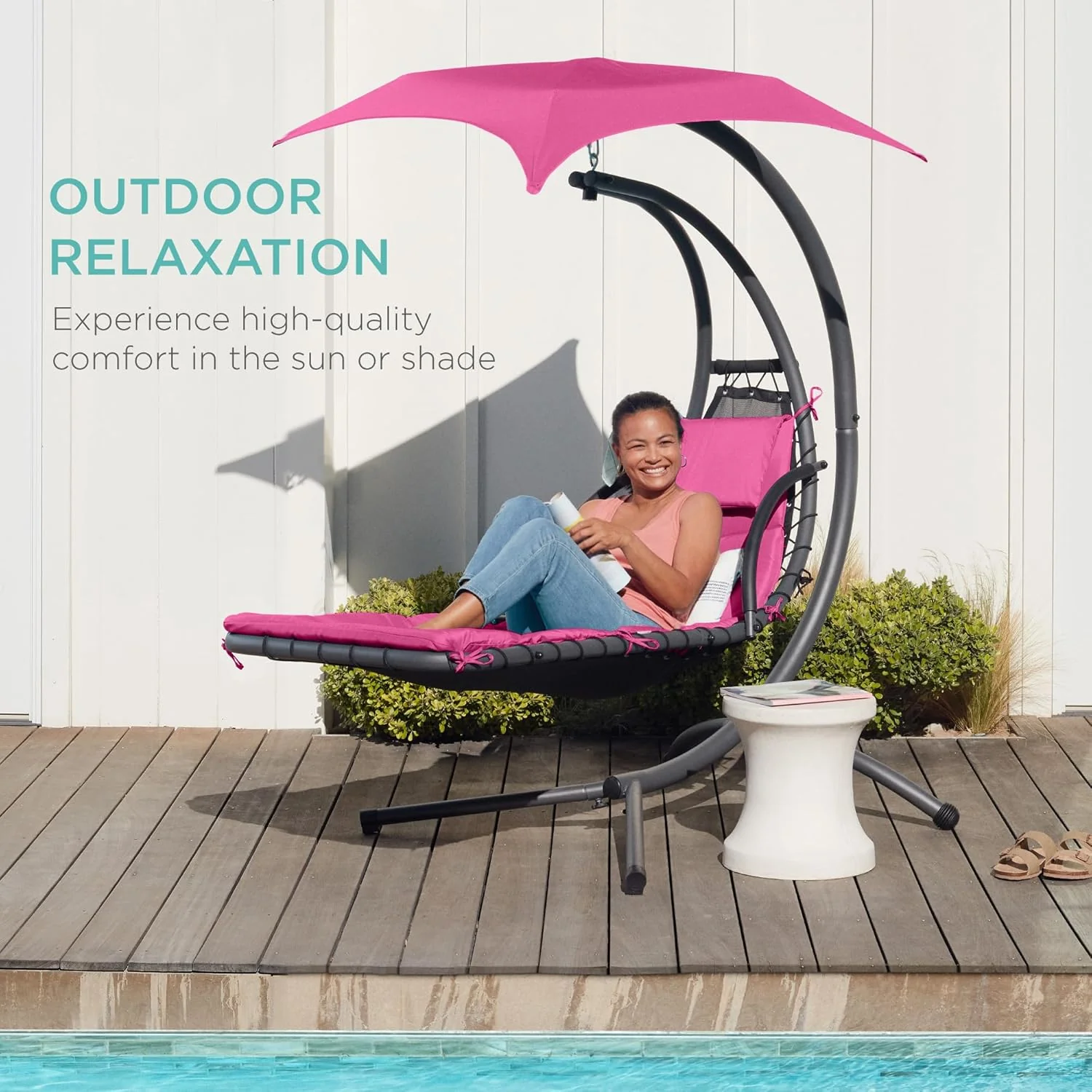 Best Choice Products Outdoor Hanging Curved Steel Chaise Lounge Chair Swing w/Built-in Pillow and Removable Canopy - Charcoal Gray