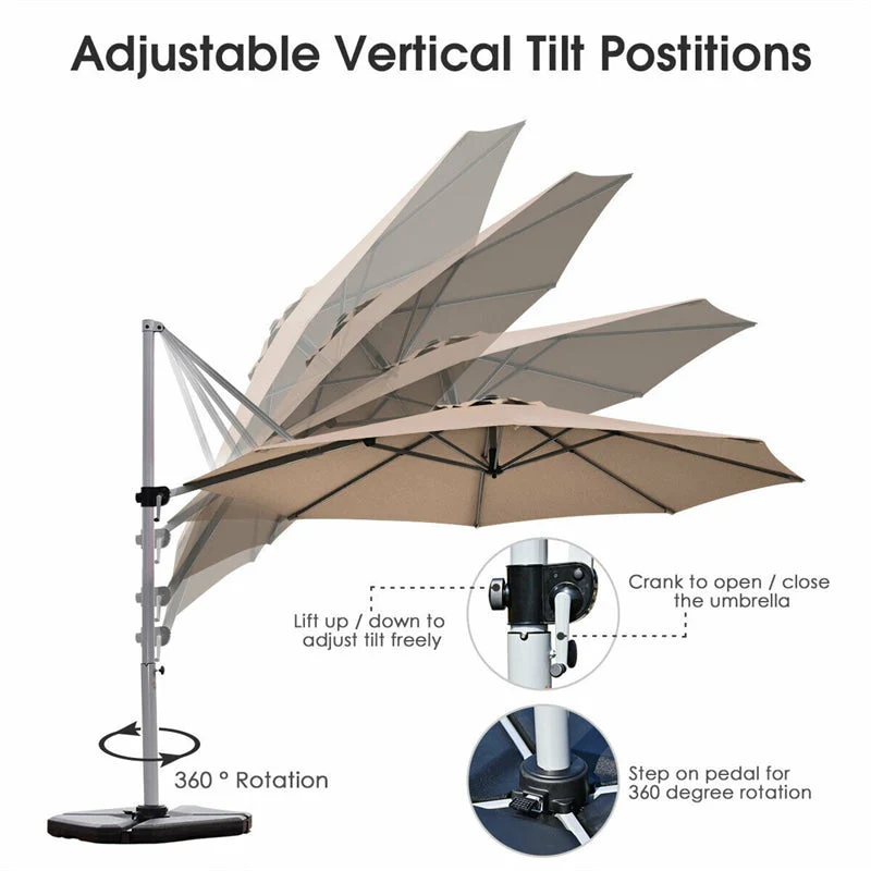 11 FT Patio Offset Cantilever Umbrella 360�� Rotation Tilt with Cross Base & Crank Handle