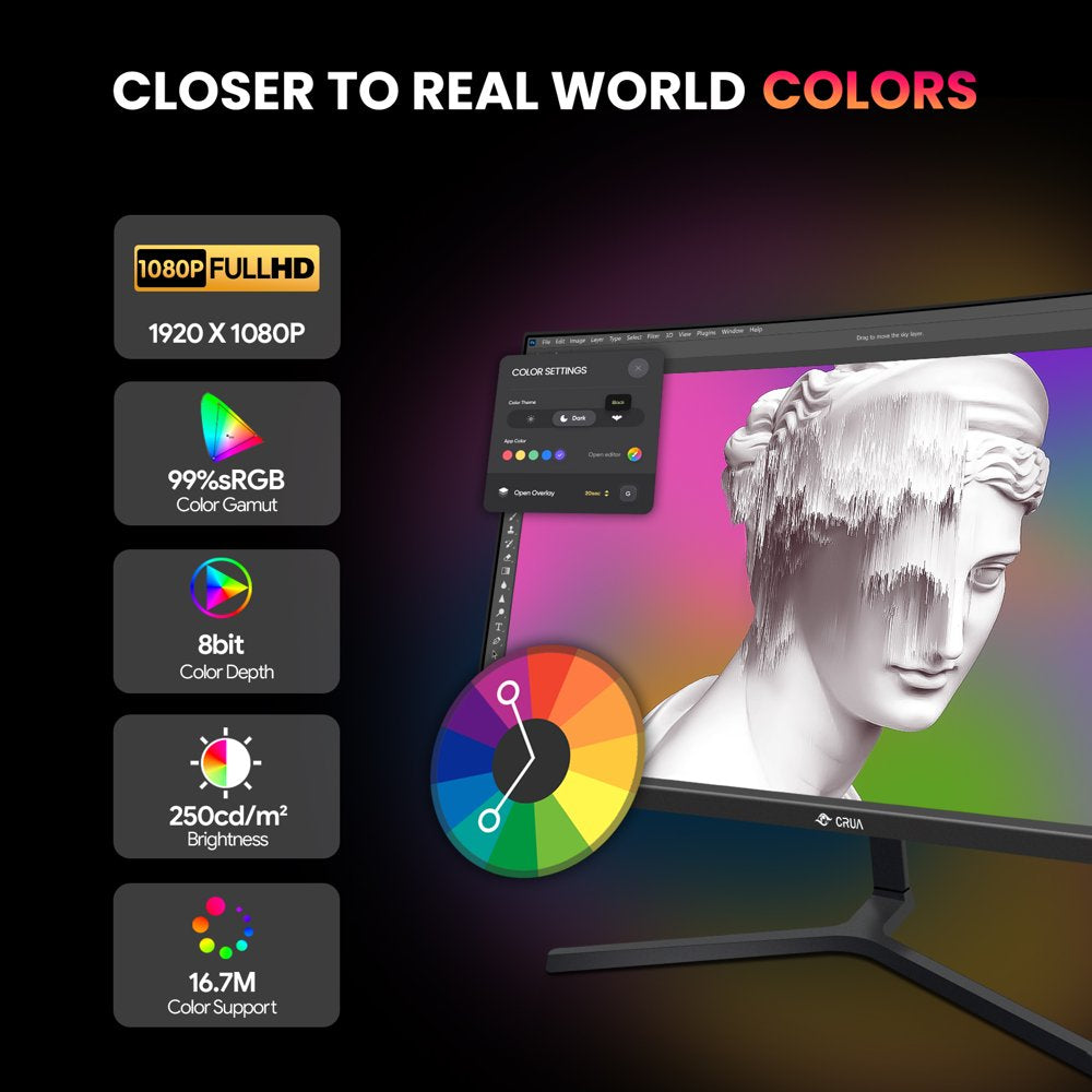 CRUA 24��� Curved Gaming Monitor, 180Hz FHD 1080P, AMD FreeSync, Low Blue Light, HDMI/DP Ports, Black