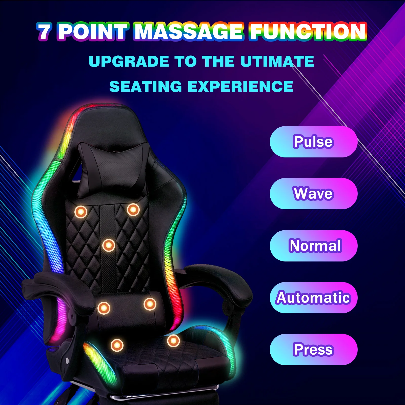 Gaming Chair 12 RGB LED Massage Chair Black
