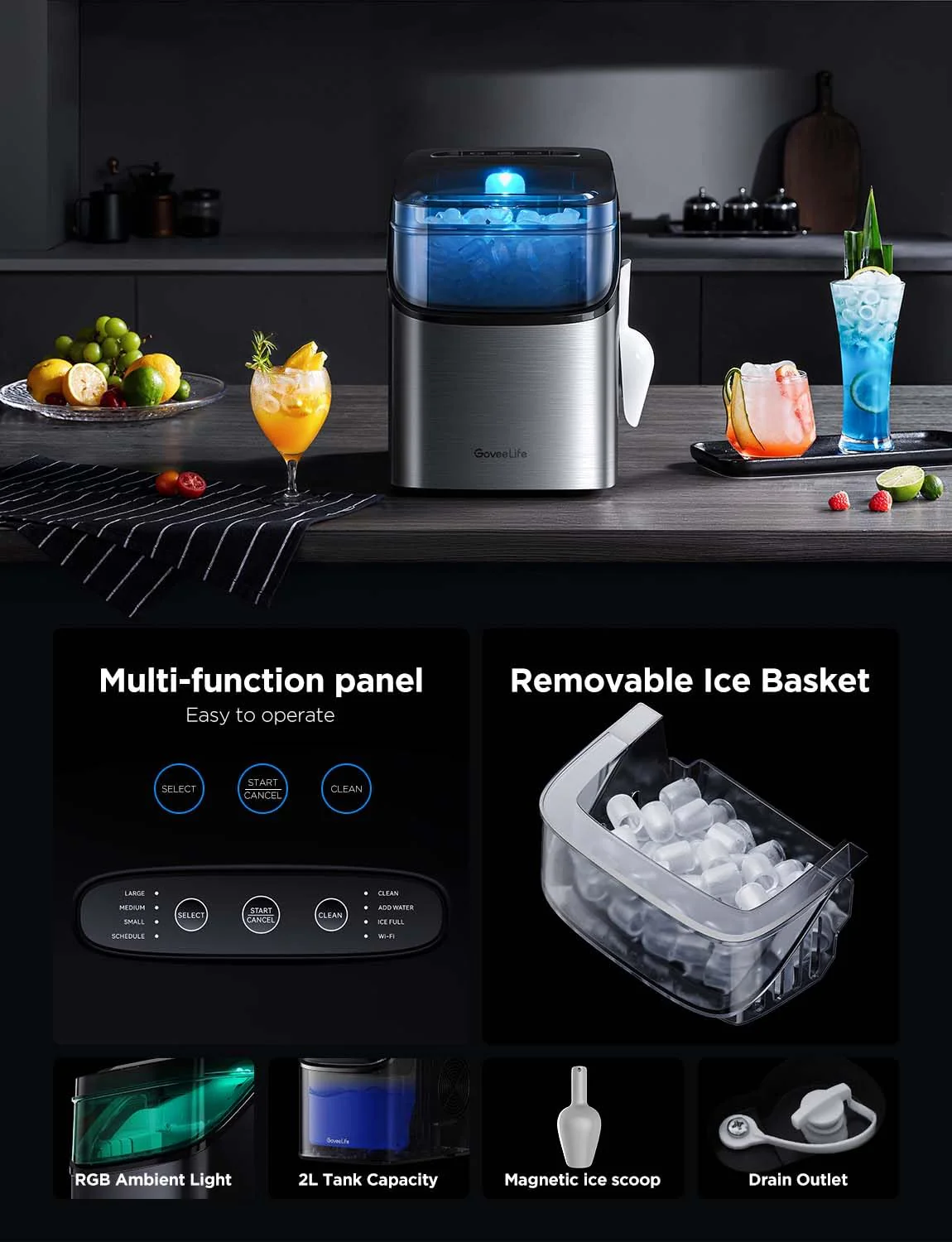 GoveeLife Smart Ice Maker Countertop, Portable Ice Machine with Voice Control, 9 Ice Cubes in 6 Minutes 3 Sizes, 26lbs/24Hrs, Self Cleaning RGB Lights, Quiet Ice Maker with Scoop for Kitchen Black