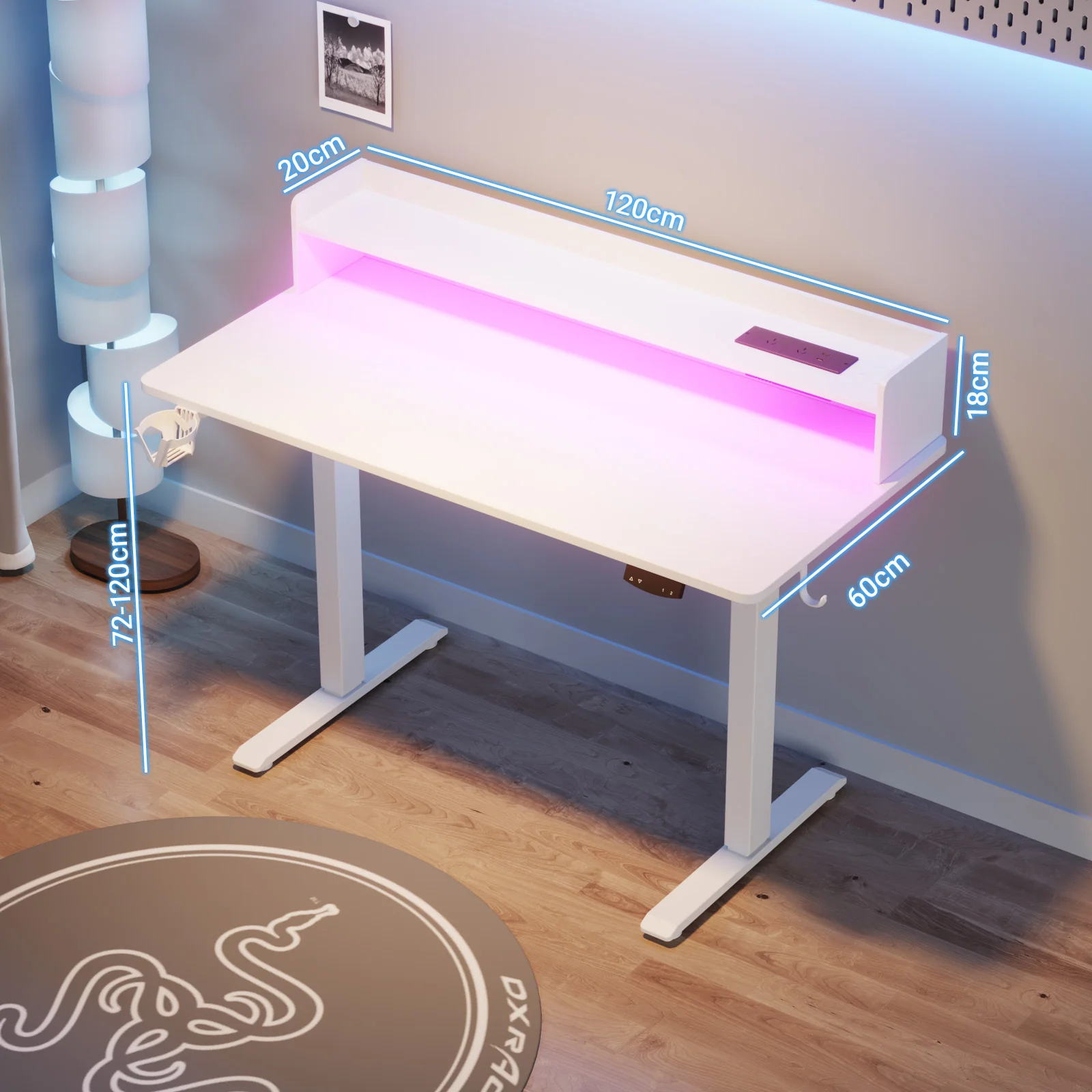LED RGB Light Electric Standing Desk White