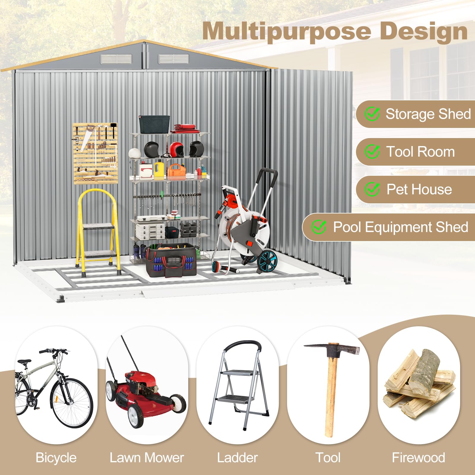 8' x 6' Woodgrain Outdoor Storage Shed, Galvanized Metal Tool House Organizer w/Base Floor, 4 Vents