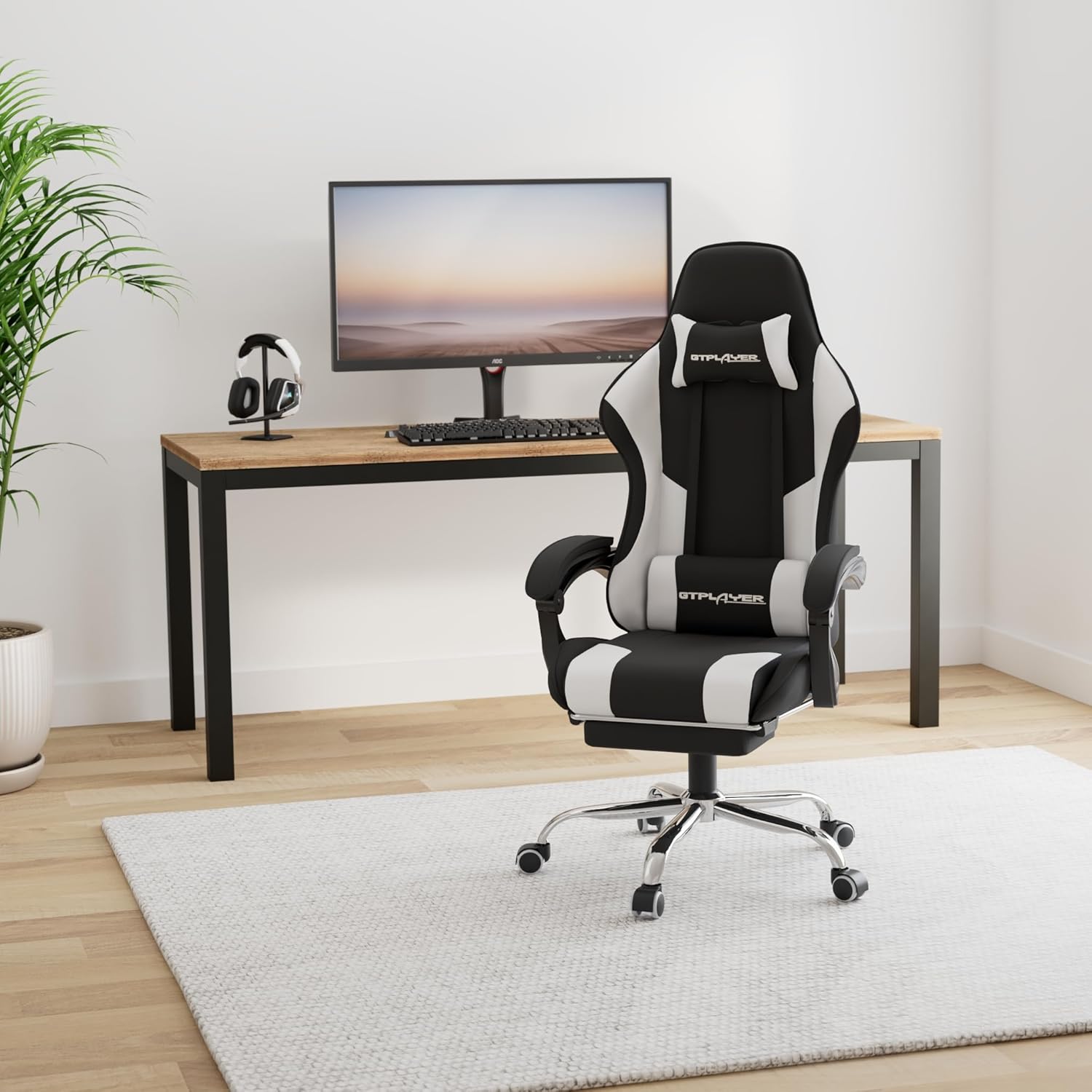 GTPLAYER Gaming Chair, Computer Chair with Footrest and Lumbar Support, Height Adjustable Game Chair with 360  -Swivel Seat and Headrest and for Office or Gaming (White)