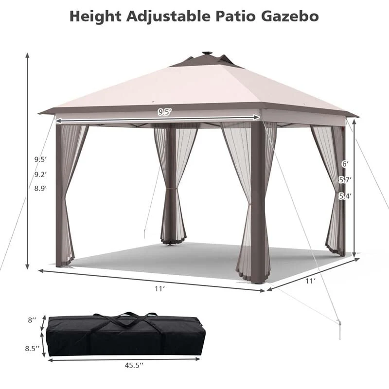 11 x 11 FT Pop-Up Gazebo Tent Portable Canopy Shelter with Carry Bag & Mesh Netting & LED Lights