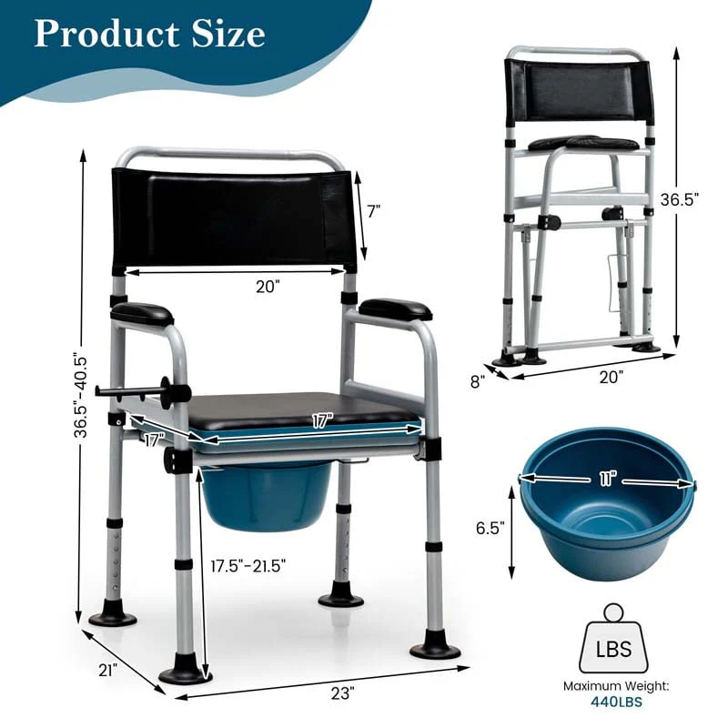 4-in-1 Folding Bedside Commode Chair with Arms, Height Adjustable Portable Toilet Bath Shower Potty Chair