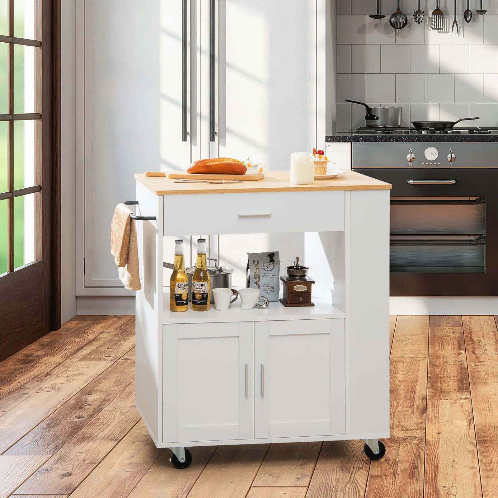 Giantex Kitchen Island Trolley, Rolling Kitchen Serving Trolley w/ 3 Spice Racks, Drawer, Open Shelf & Large Cabinet