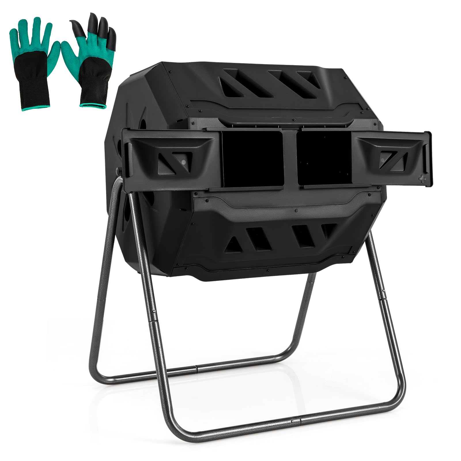 Compost Bin, 42-Gal Dual Chamber Composting Tumbler w/2 Sliding Doors, Heavy-Duty Metal Frame