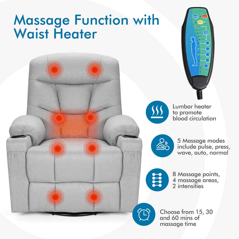 360�� Swivel Electric Massage Recliner Rocking Chair Single Soft Sofa with Heater & Retractable Footrest
