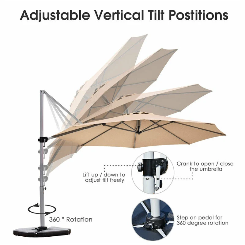 11 FT Patio Offset Cantilever Umbrella 360�� Rotation Tilt with Cross Base & Crank Handle