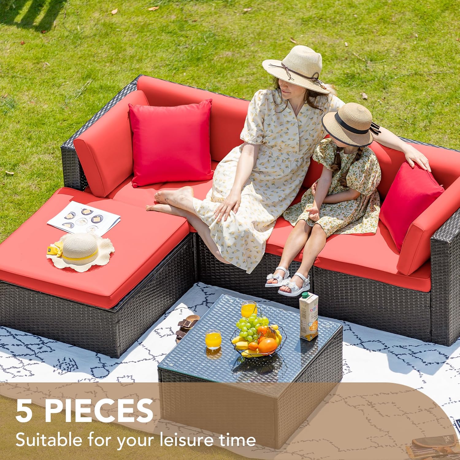 Devoko 5 Pieces Patio Furniture Sets All Weather Outdoor Sectional Patio Sofa Manual Weaving Wicker Rattan Patio Seating Sofas with Cushion and Glass Table(Beige)