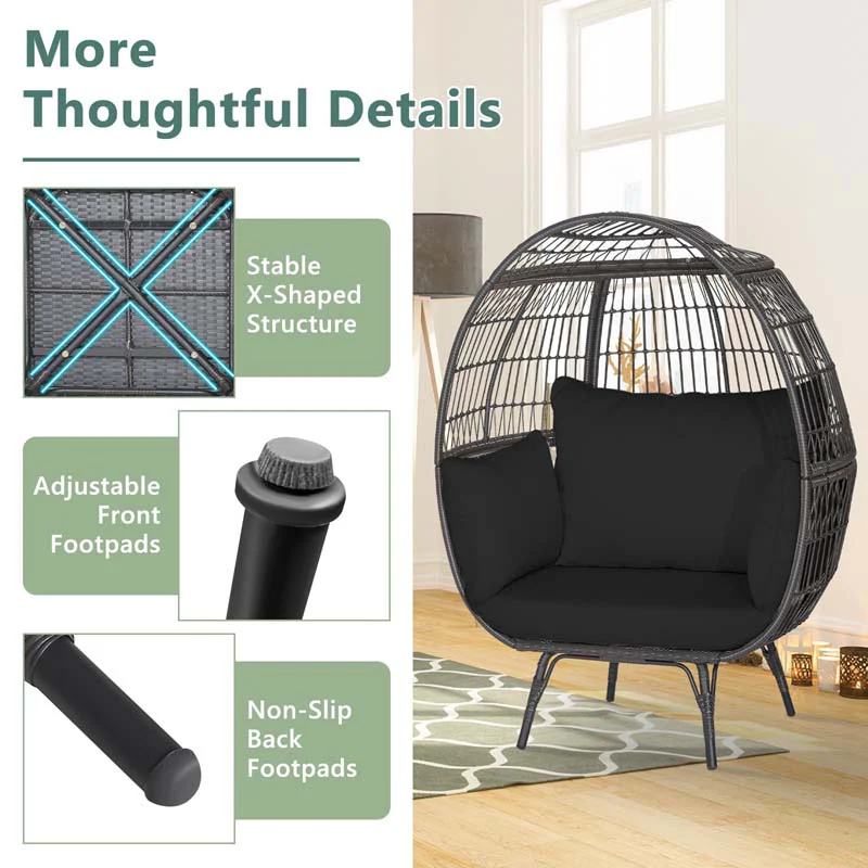 Oversized Wicker Egg Chair with 4 Cushions, Steel Frame Basket Chair Indoor Outdoor Patio Lounge Chair