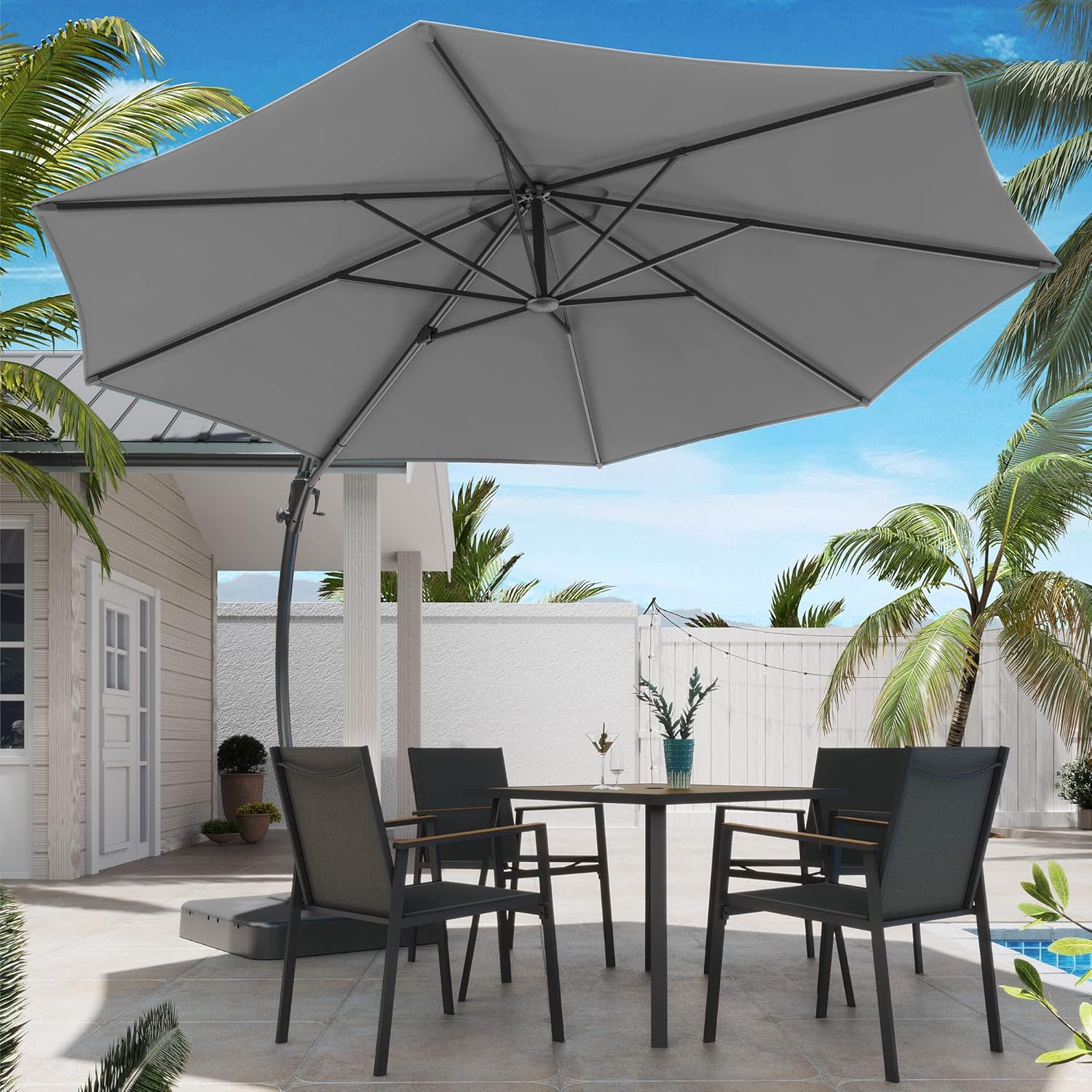 LAUSAINT HOME Outdoor Patio Umbrella with Base included, 11 FT Deluxe Curvy Cantilever Umbrella Heavy Duty Offset Hanging Umbrella with 360�� Rotation for Market, Pool, Garden, Backyard, Deck (Beige)
