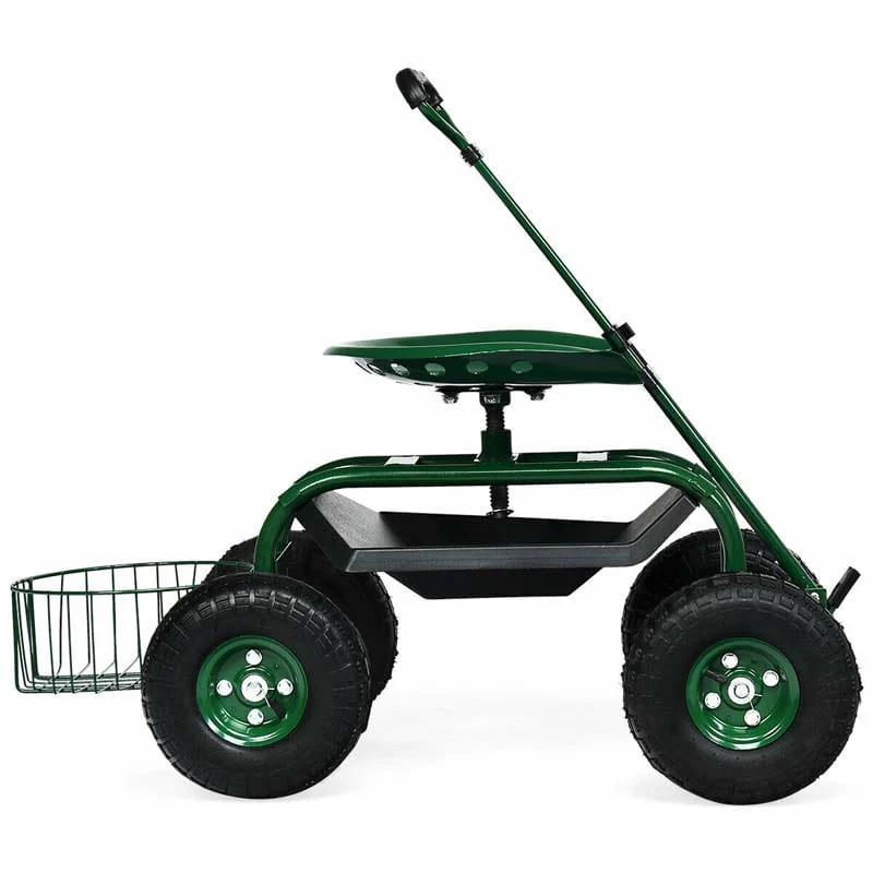 Heavy Duty Rolling Garden Cart Workseat with Tool Tray, 360 Swivel Seat, Storage Basket, Extendable Steering Handle