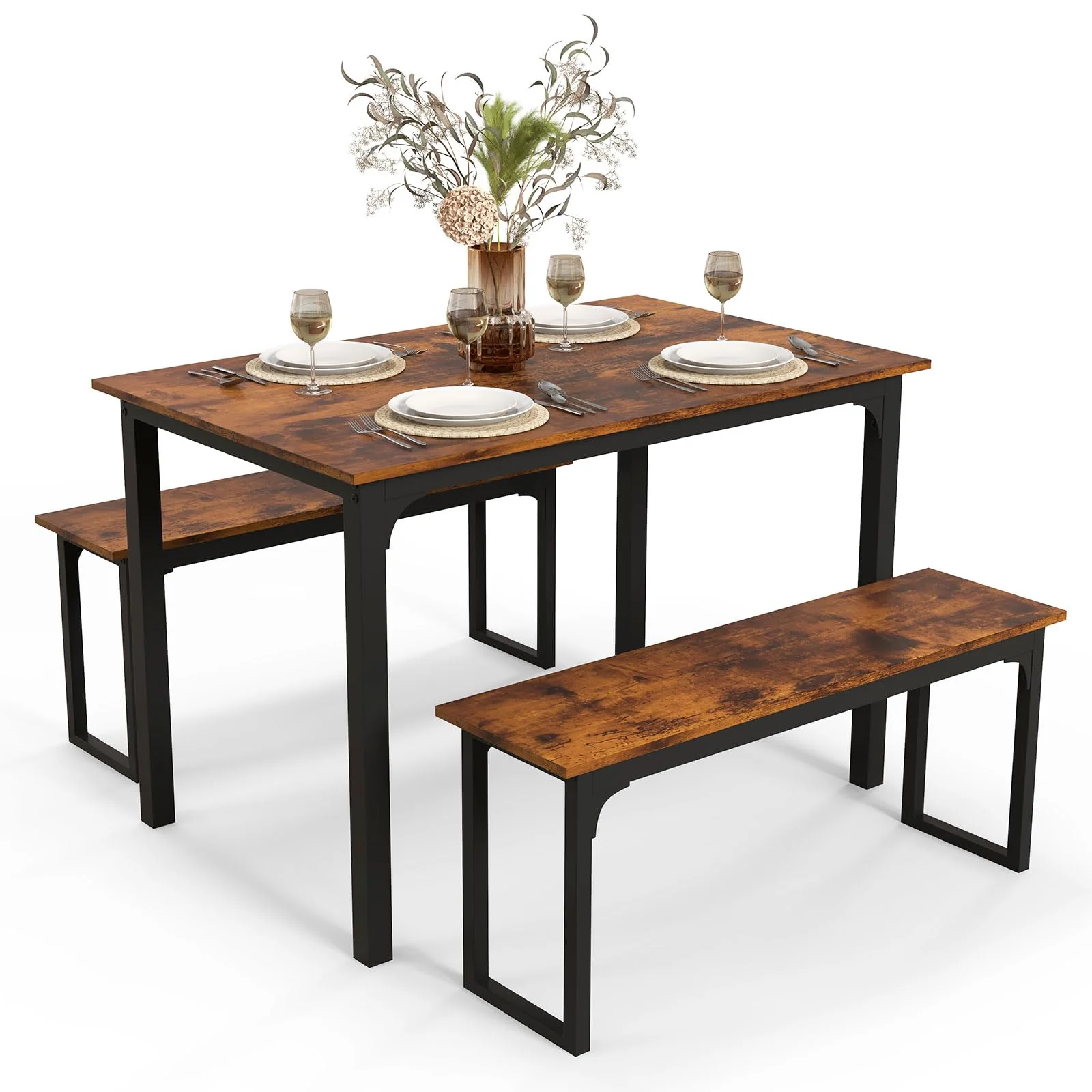 Giantex Dining Table Set for 4, 3 PCS Farmhouse Kitchen & Dining Room Furniture Kit with 2 Benches