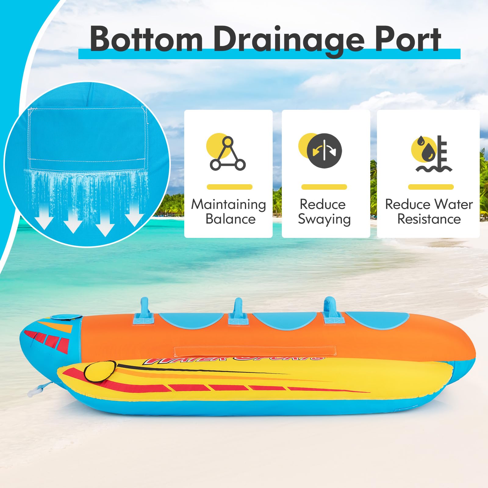 Inflatable Towable Tubes for Boating, Water Sports Banana Boat with 3 EVA-padded Seats for Towing Rider
