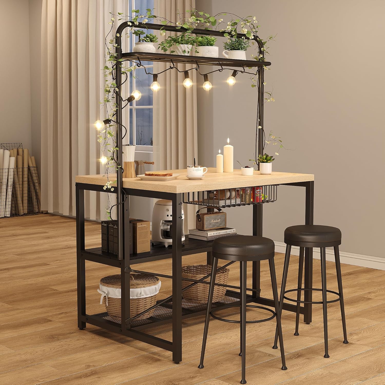 Kitchen Island, Kitchen Island with Storage, Bakers Rack, Island Table for Kitchen, Bakers Rack with Storage, Large Kitchen Island Table, Coffee Bar Table with Shelf,5 Racks,Pear Wood White