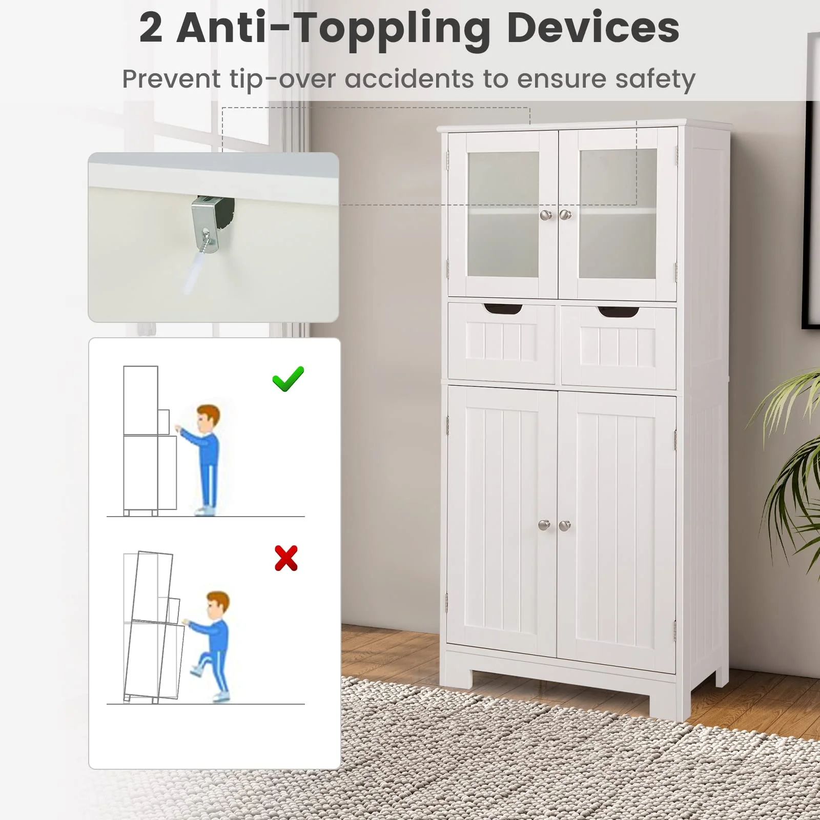 Giantex Floor Storage Cabinet with 4 Doors, Freestanding Bathroom Cabinet with 2 Glass Doors, White