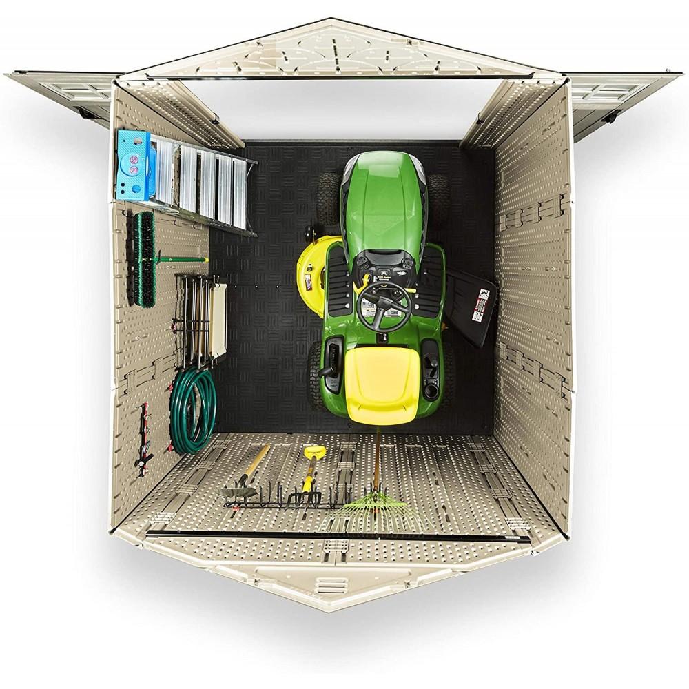 Rubbermaid 7��7 Ft Durable Weather Resistant Resin Outdoor Garden Storage Shed with Windows and Utility Hooks, Sand