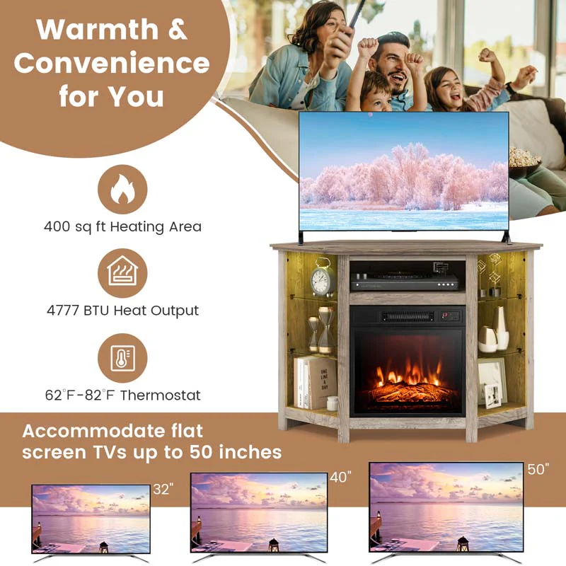 Modern Corner Fireplace TV Stand with LED Lights for TVs up to 50